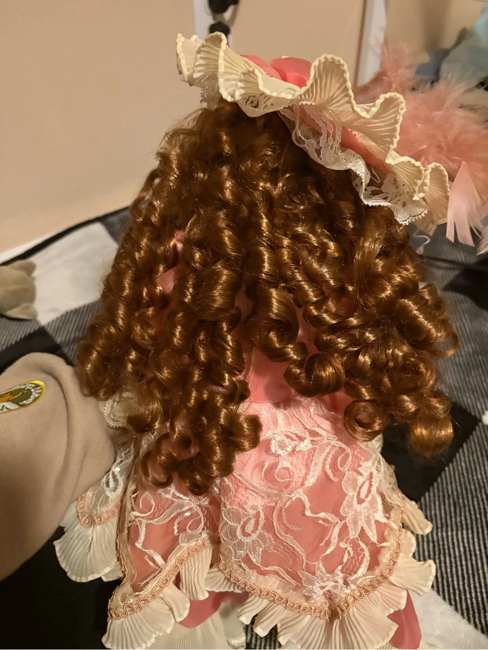 Victorian-Style Porcelain Doll in Pink Lace Dress